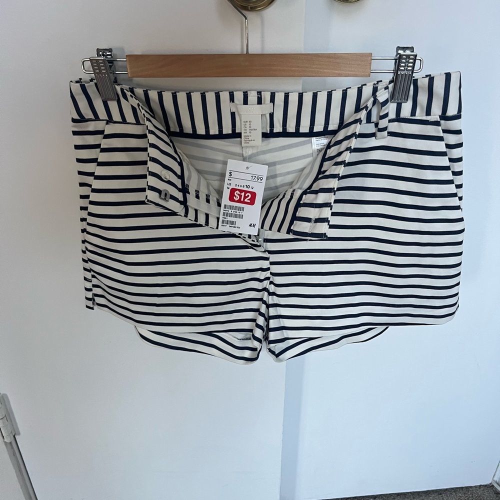H&M Navy and White Striped High Waist Shorts